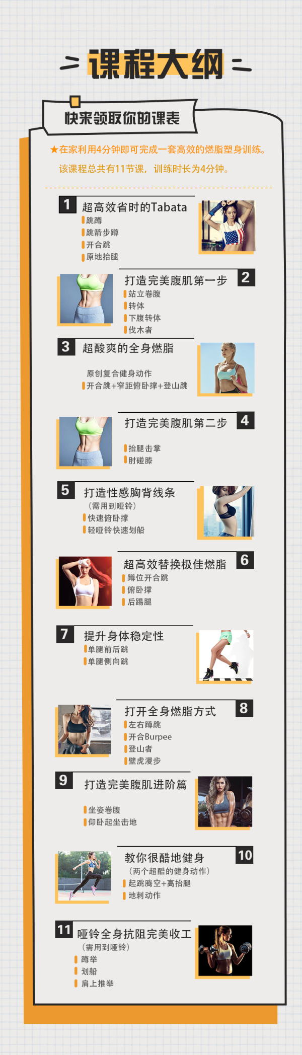 11节视频课碎片时间健身,For懒胖子,4分钟家庭燃脂训练!