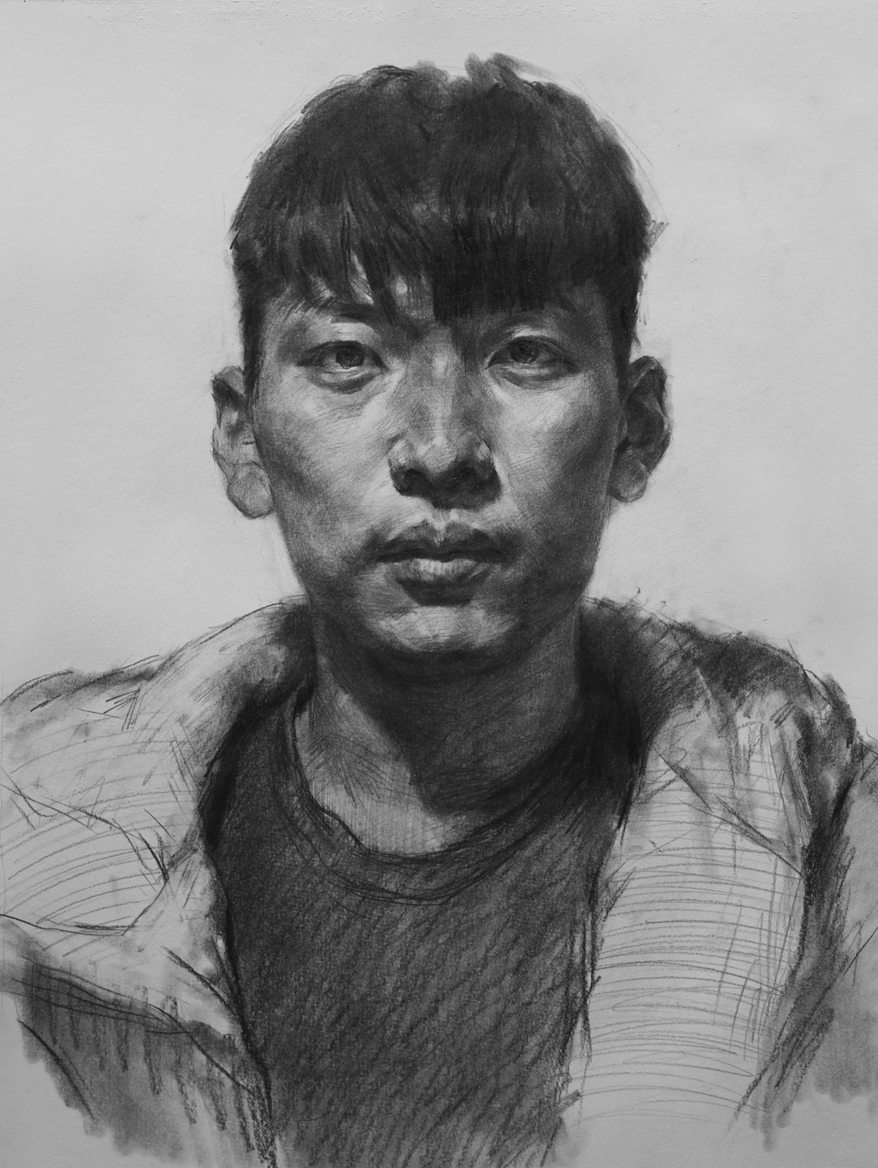 示范6:如何画好素描男青年头像 人物头像像大正面有哪些知识要点?