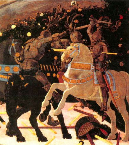 军队》细节 ▲保罗·乌切洛,《圣乔治和龙》,约1456年,帆布油画,57x73