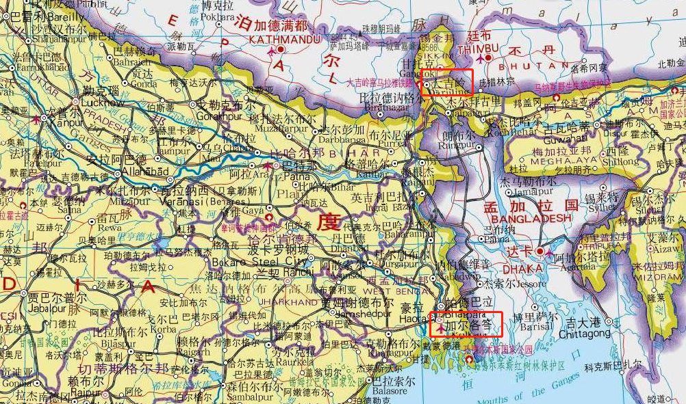 印度加尔各答及大吉岭位置示意图